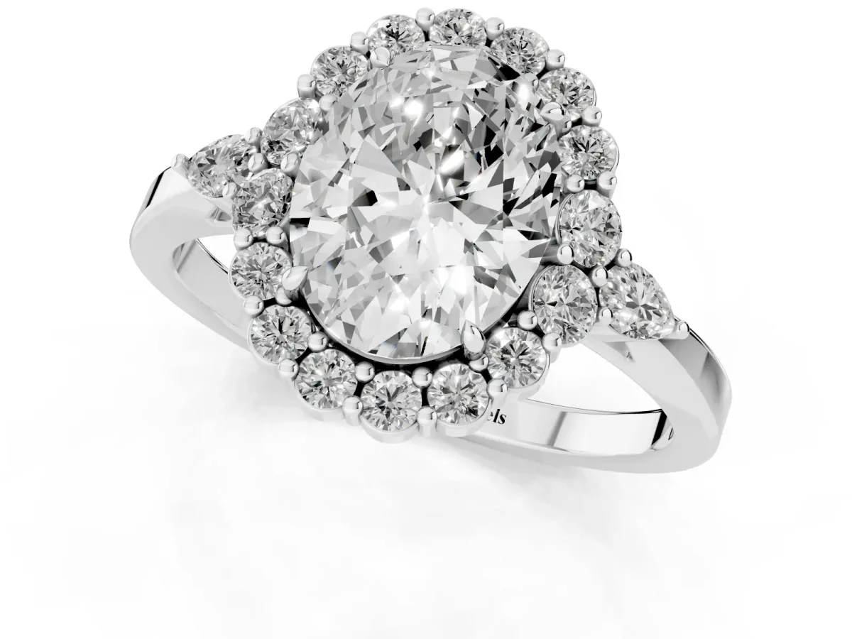 Oval Cut Diamond Halo Ring with Pear Side Stones and Prong Setting Silver