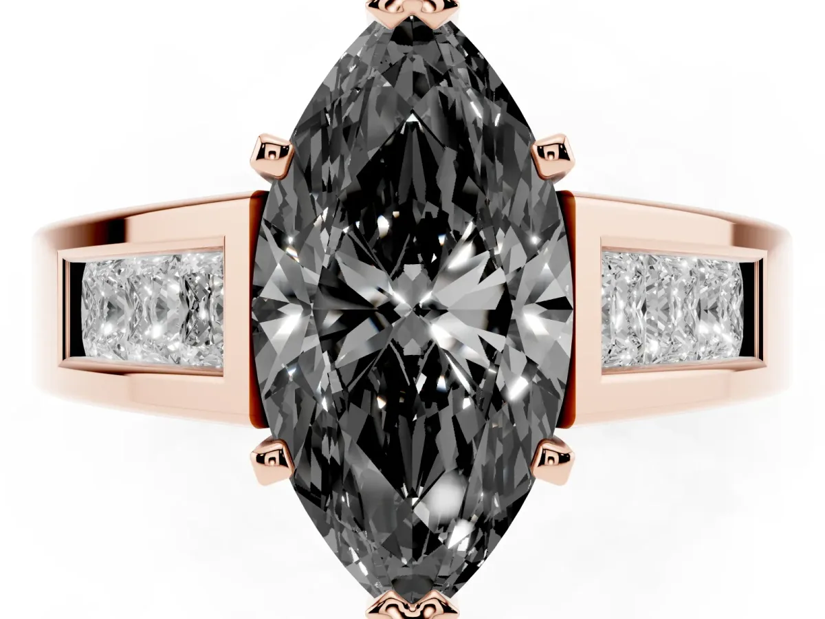 Fancy Black Marquise Cut Cut Channel Set Solitaire Ring with Four-Prong Setting Rose gold