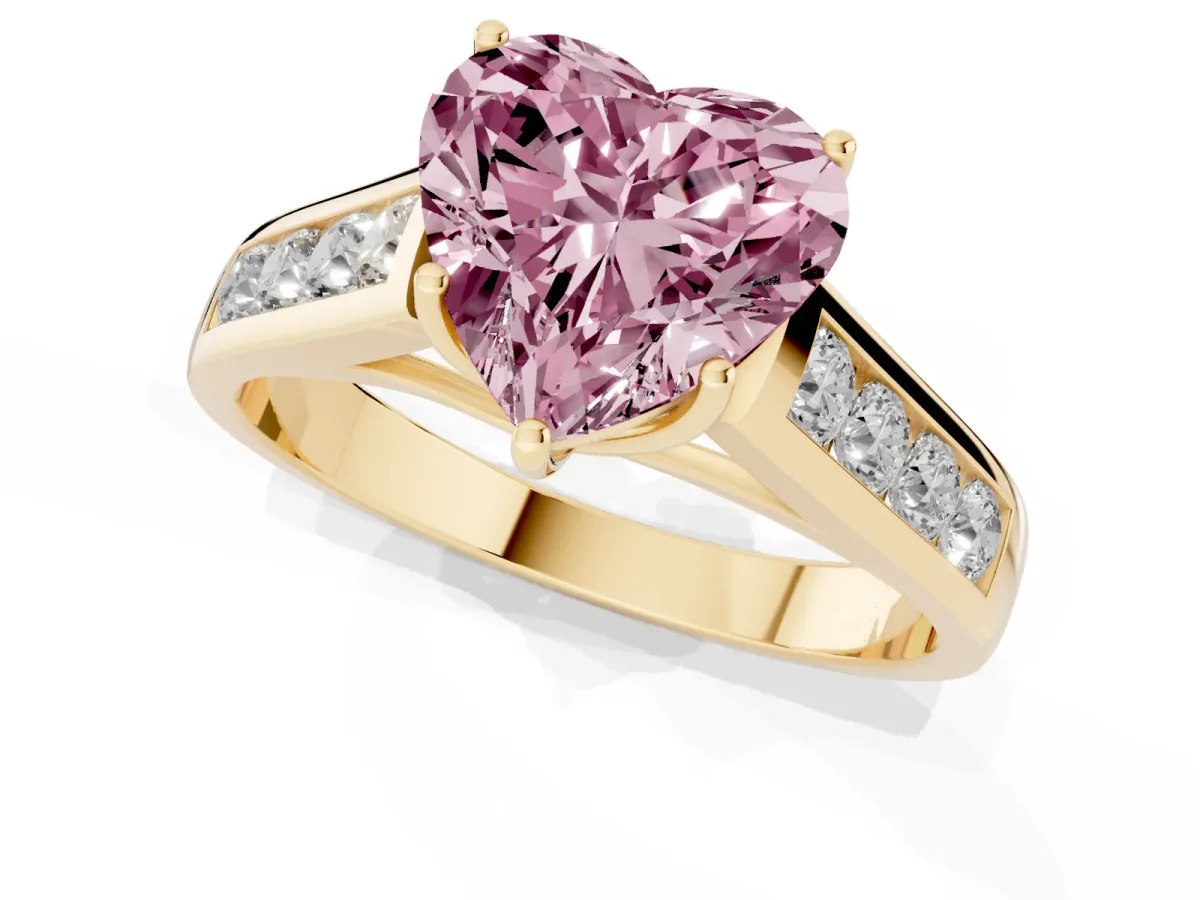 Fancy Pink Heart Cut Solitaire Channel-Set Diamond Engagement Ring with Four-Prong Setting Yellow gold