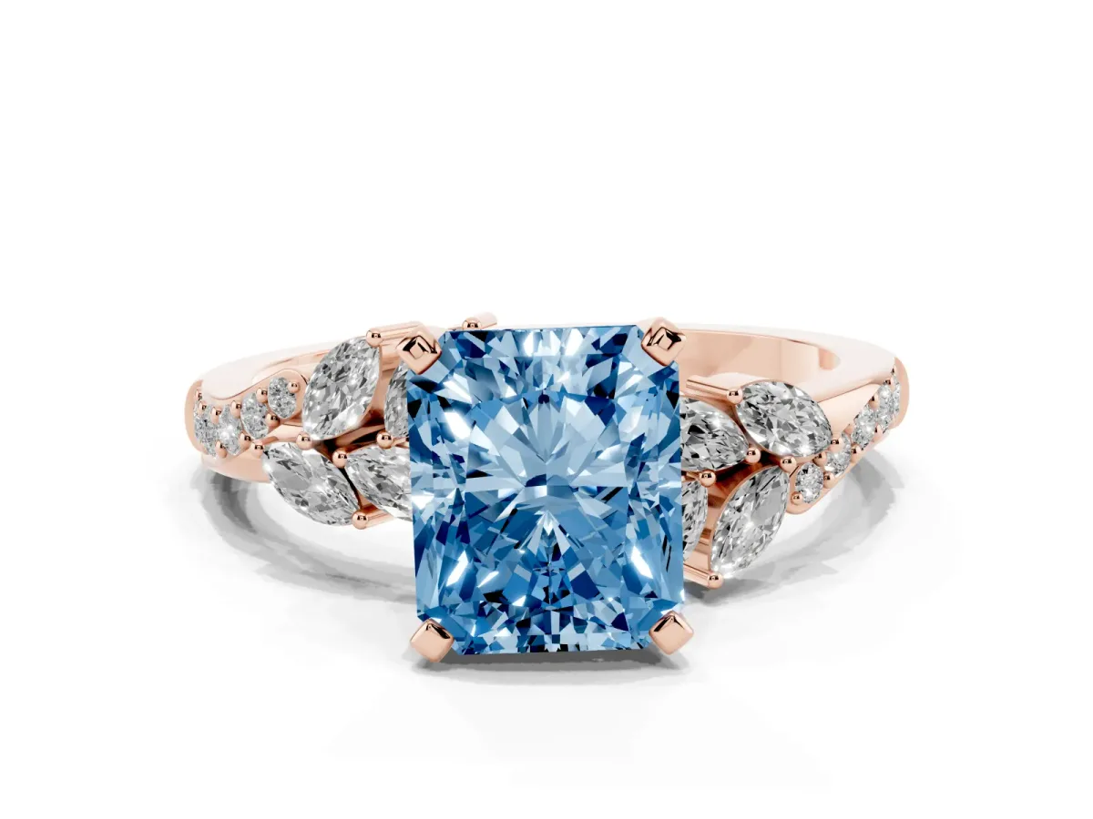 Fancy Blue Radiant Cut Solitaire Marquise Twist Band with Six-Prong Setting Rose gold