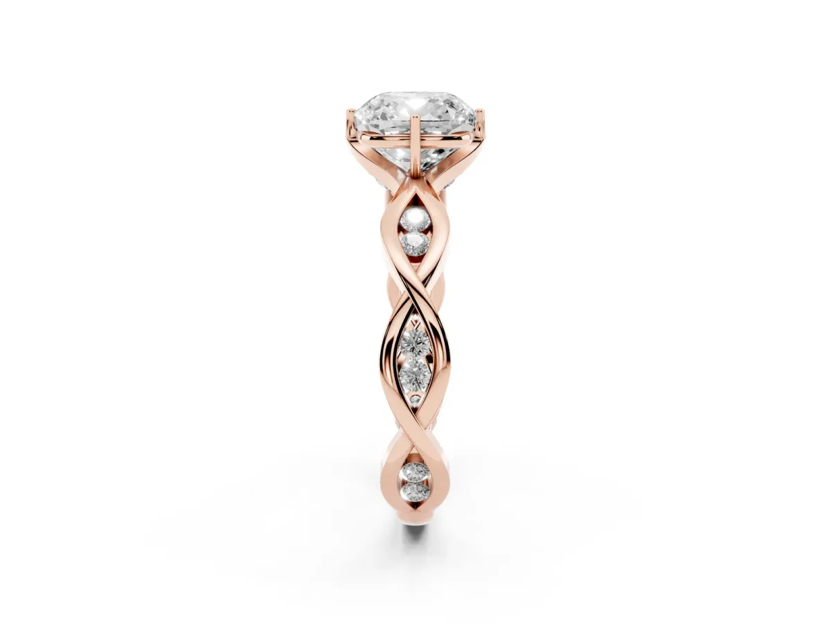Cushion Cut Solitaire Twist Band with Leaf Prong Setting Rose gold