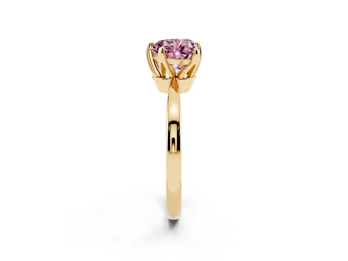 Fancy Pink Heart Cut Solitaire Engagement Ring with Six-Prong Setting and Tapered Band Yellow gold