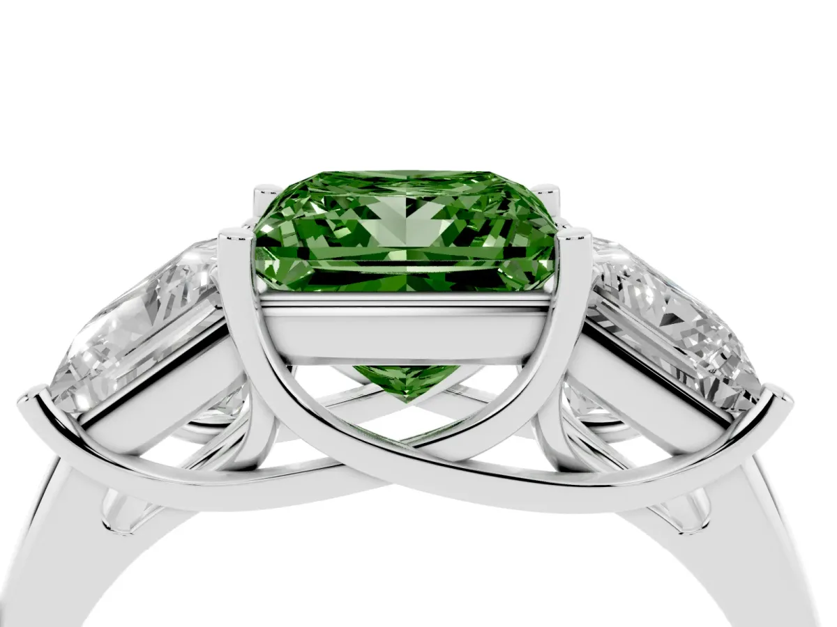 Fancy Green Three-Stone Princess Cut Diamond Engagement Ring with Prong Setting Platinum