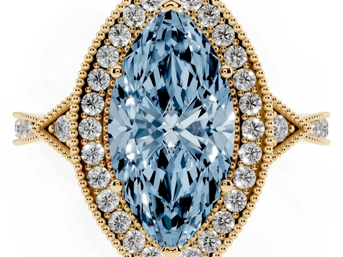 Fancy Blue Marquise Cut Halo Round Diamond Milgrain Pave Engagement Ring Yellow gold