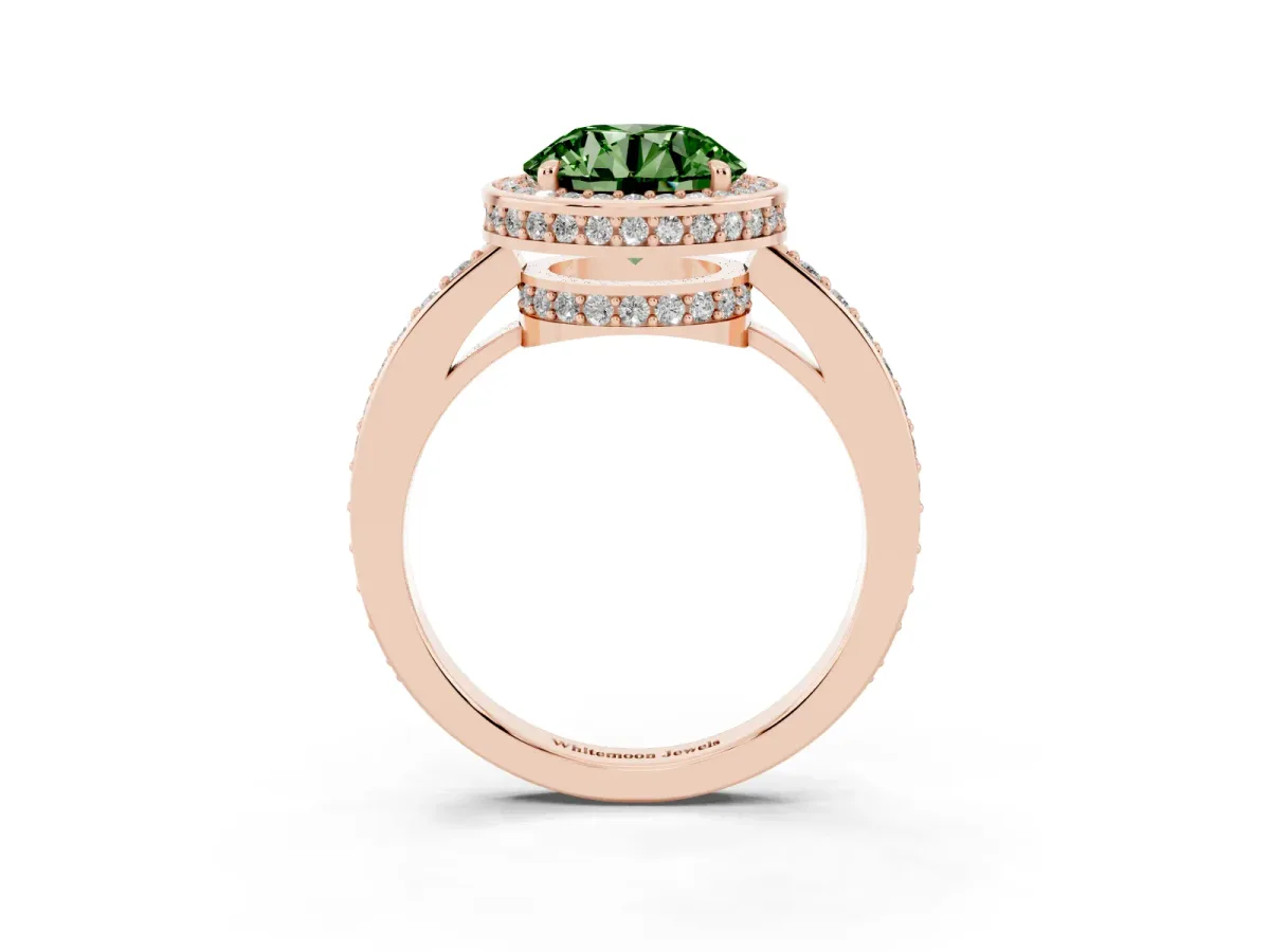 Fancy Green Round Cut Halo Pave Band Solitaire Ring with Prong Setting Rose gold