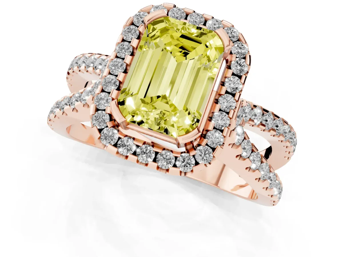 Fancy Yellow Emerald Cut Diamond Halo Ring with Split Shank Pavé Band and Prong Setting Rose gold