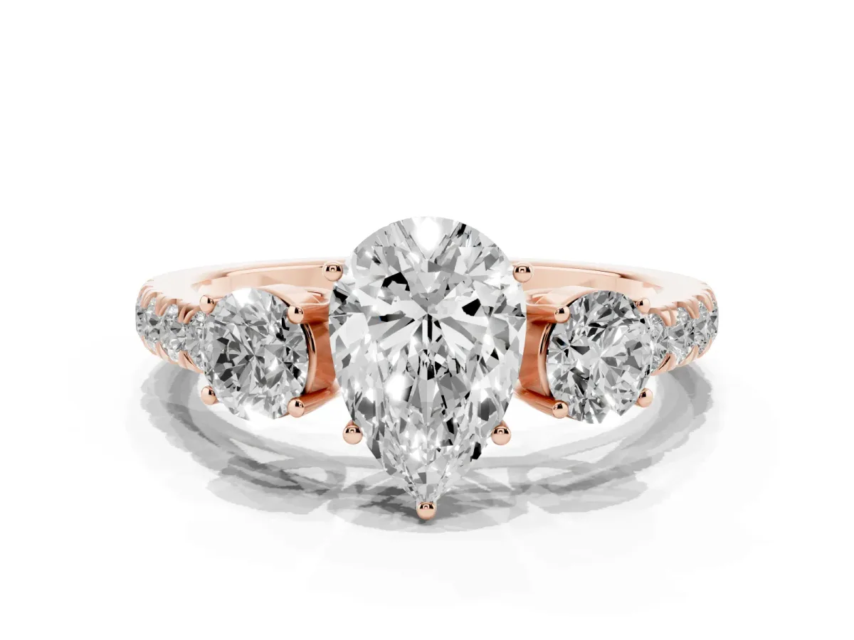 Pear Cut Cut Diamond Three-Stone Ring with Round Side Stones and Pavé Band Rose gold