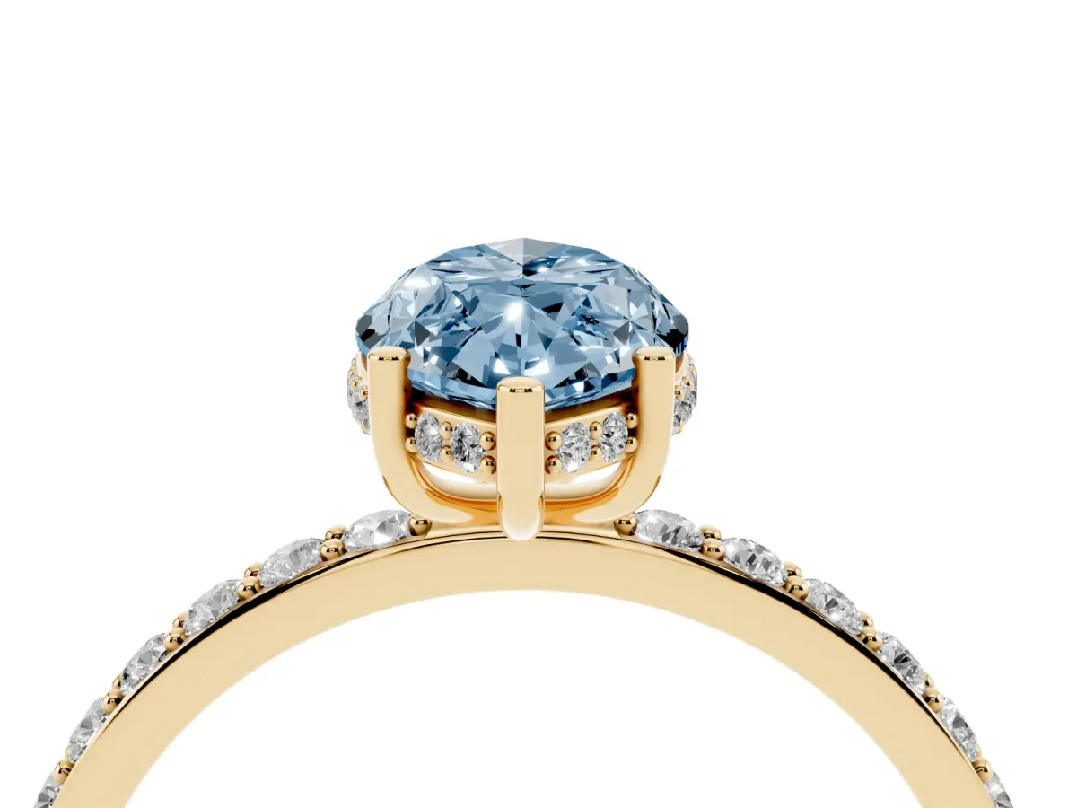 Fancy Blue Marquise Cut Diamond Solitaire Ring with Pavé Band and Hidden Halo Yellow gold