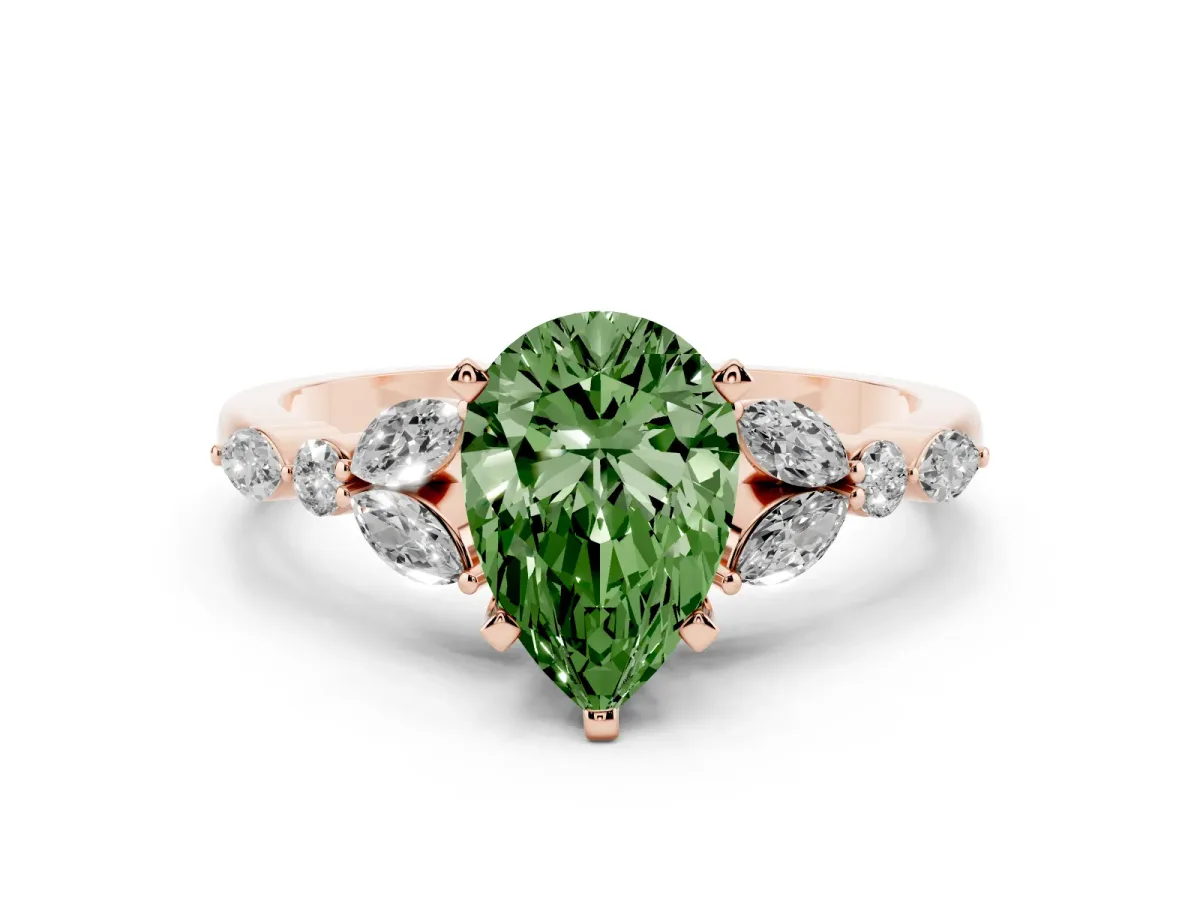 Fancy Green Pear Cut Diamond Solitaire Ring with Side Stones and Four-Prong Setting Rose gold