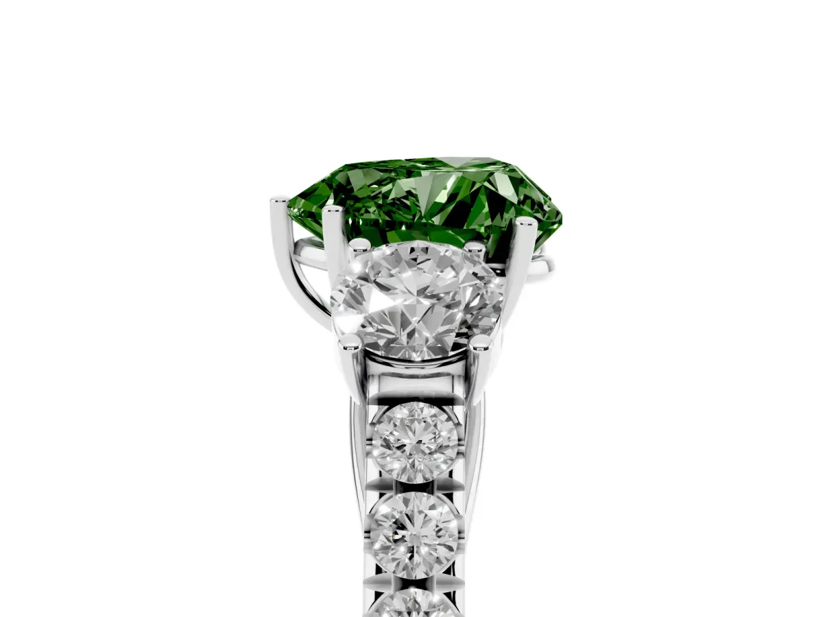 Fancy Green Heart Cut Cut Diamond Three-Stone Ring with Round Side Stones and Pavé Band White gold