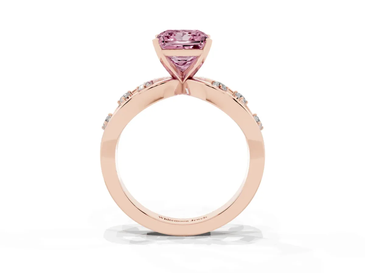 Fancy Pink Princess Cut Cut Solitaire Diamond with Side Stones on Criss-Cross Band and Four-Prong Setting Rose gold