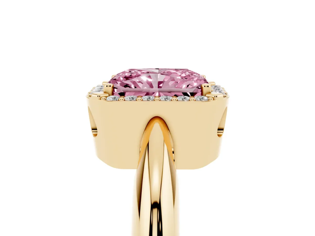 Fancy Pink Radiant Cut Cut Diamond Halo Engagement Ring with Split Shank and Four-Prong Setting Yellow gold