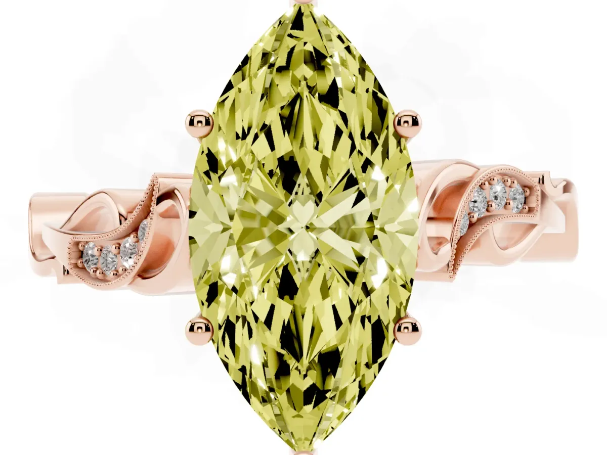 Fancy Yellow Marquise Cut Solitaire Vine Band with Milgrain Prong Setting Rose gold
