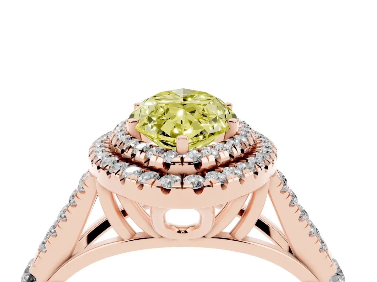 Fancy Yellow Double Halo Marquise Cut Diamond Split Shank Engagement Ring with Four-Prong Setting Rose gold