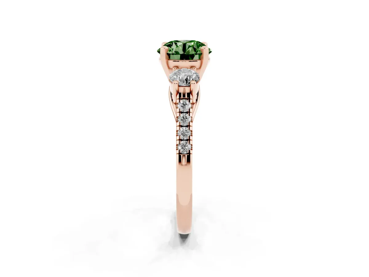 Fancy Green Three-Stone Round Cut Diamond Pavé Band with Four-Prong Setting Rose gold
