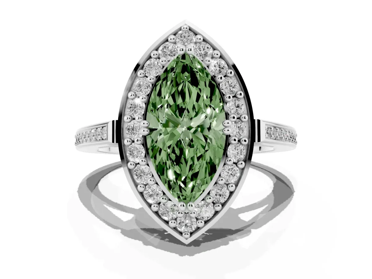 Fancy Green Marquise Cut Diamond Halo Ring with Split Shank and Four-Prong Setting Silver