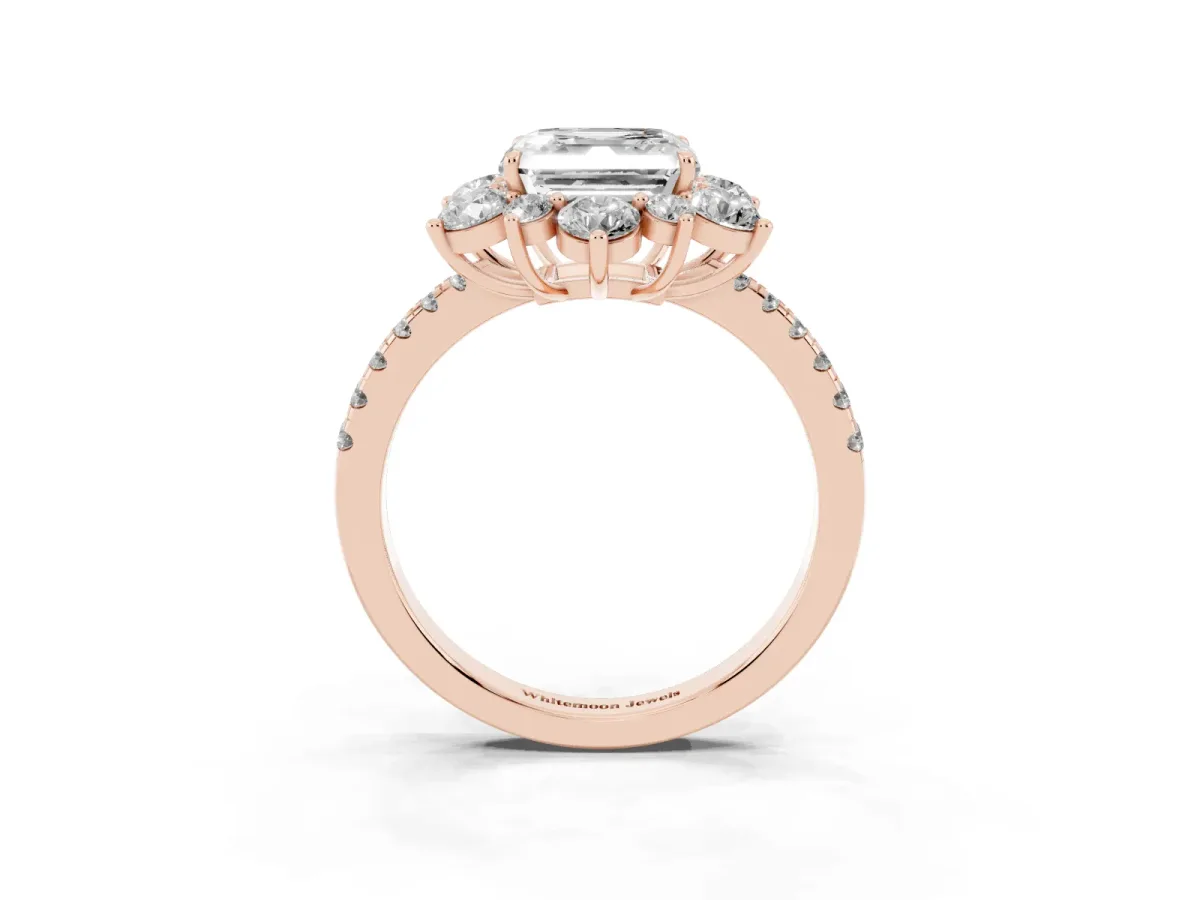 Asscher Cut Diamond Floral Halo Ring with Round Pavé Band and Prong Setting Rose gold