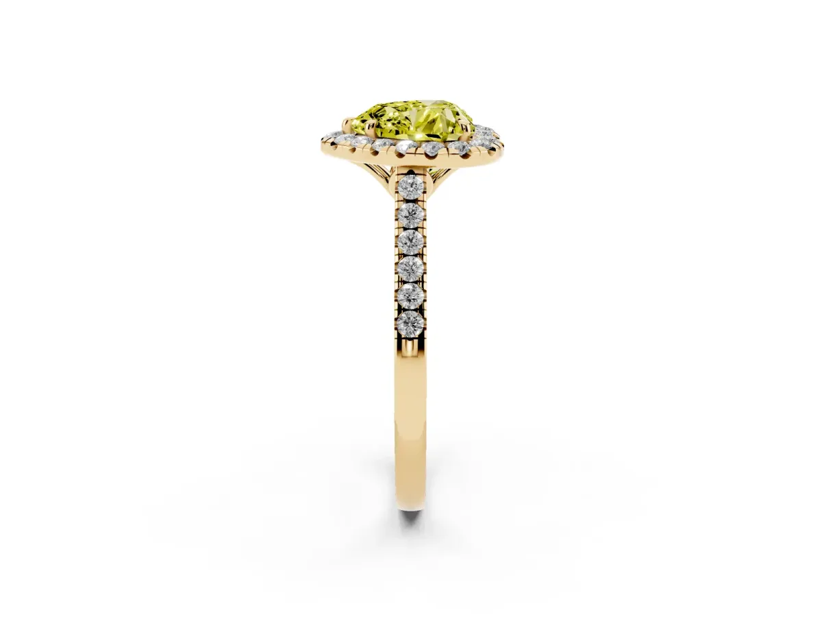 Fancy Yellow Heart Cut Halo Pavé Diamond Engagement Ring with Four-Prong Setting Yellow gold