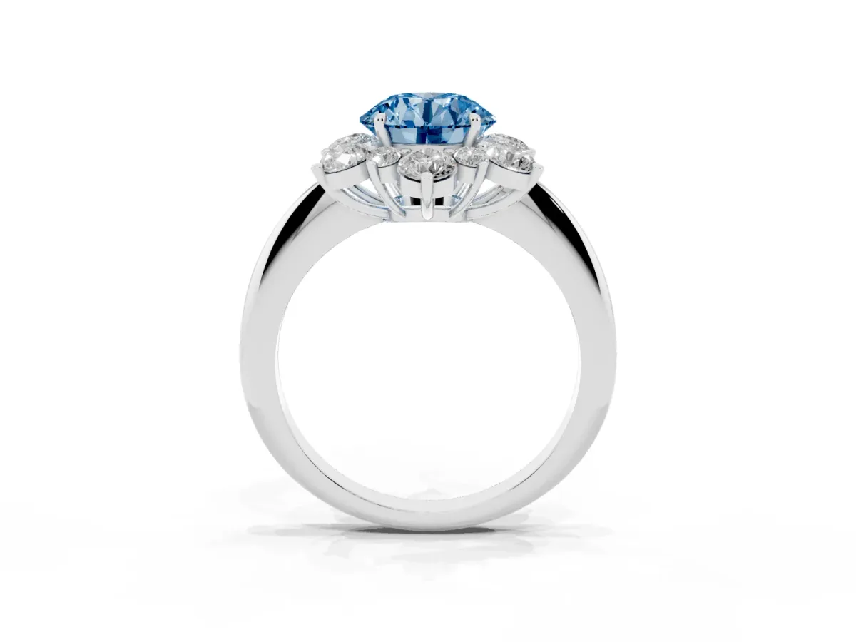 Fancy Blue Round Cut Diamond Cluster Halo Ring with Solitaire Band and Four-Prong Setting Silver