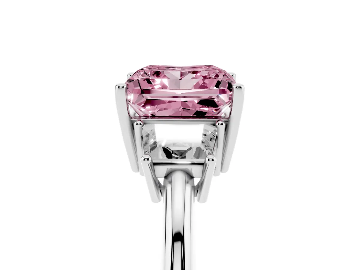 Fancy Pink Princess Cut Diamond Three-Stone Ring with Trapezoid Side Stones and Prong Setting Silver