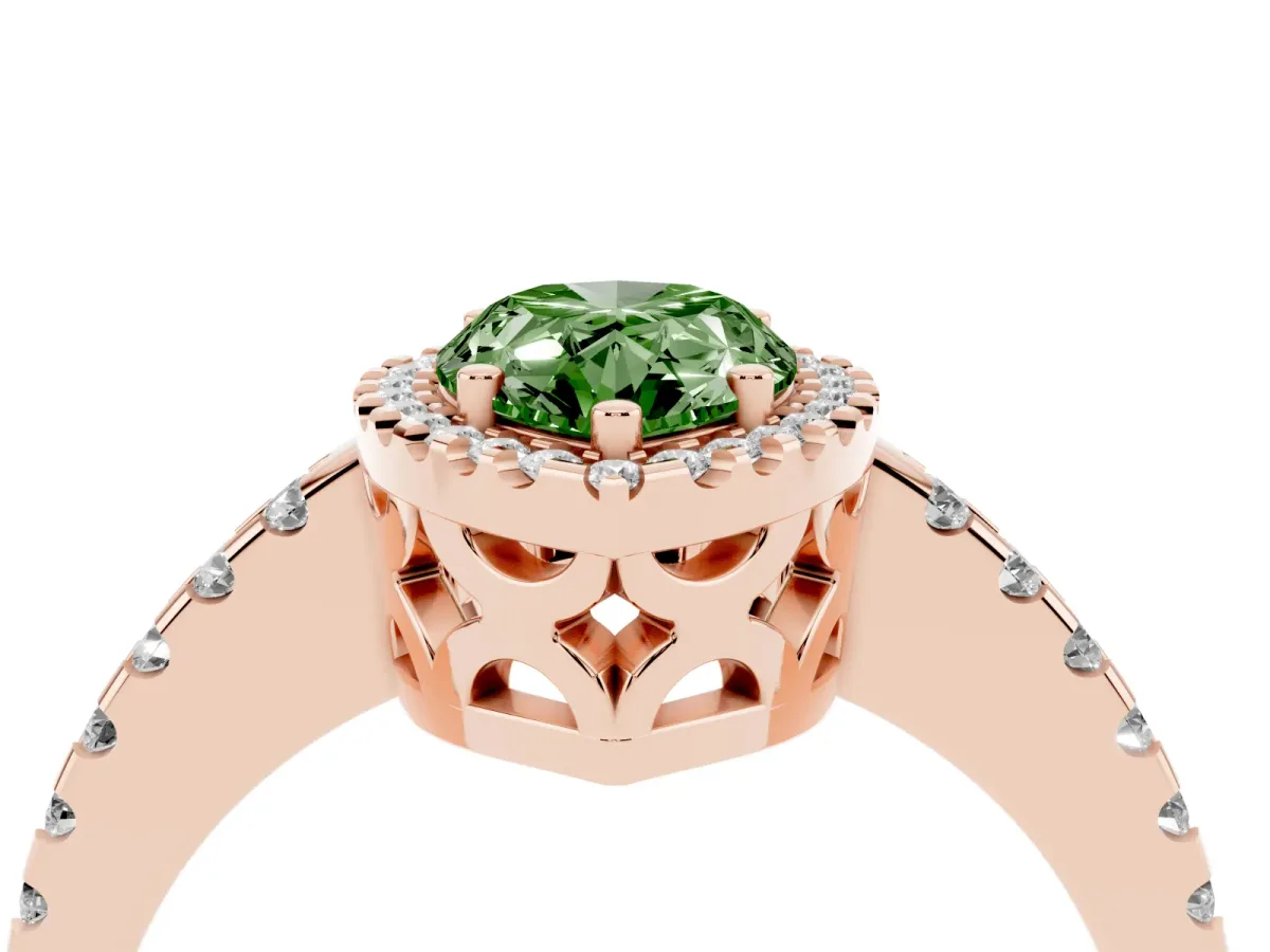 Fancy Green Pear Cut Diamond Halo Engagement Ring with Pavé Band and Prong Setting Rose gold