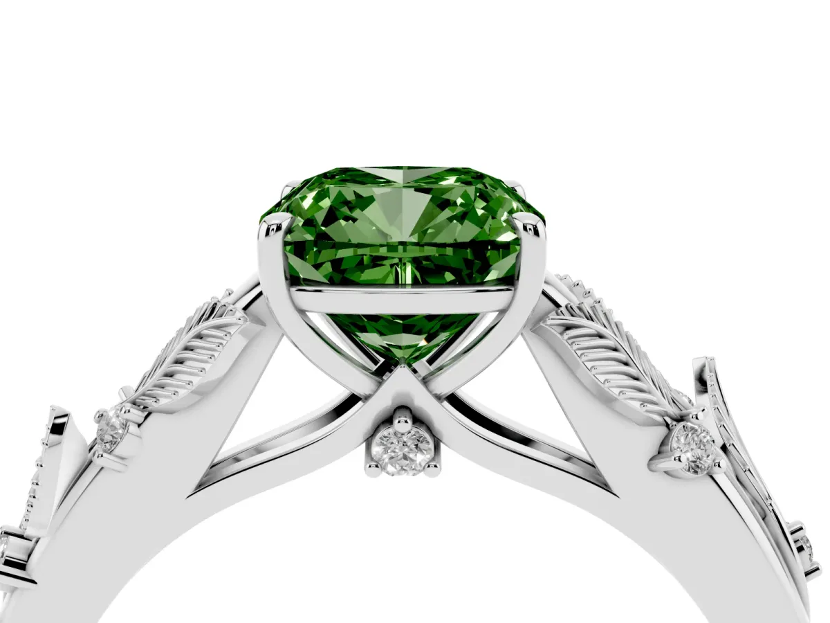 Fancy Green Cushion Cut Diamond Solitaire Ring with Leaf Motif Band and Four-Prong Setting Silver
