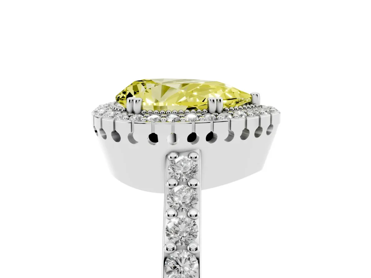 Fancy Yellow Pear Cut Cut Diamond Halo Engagement Ring with Milgrain Detail and Pavé Band Silver