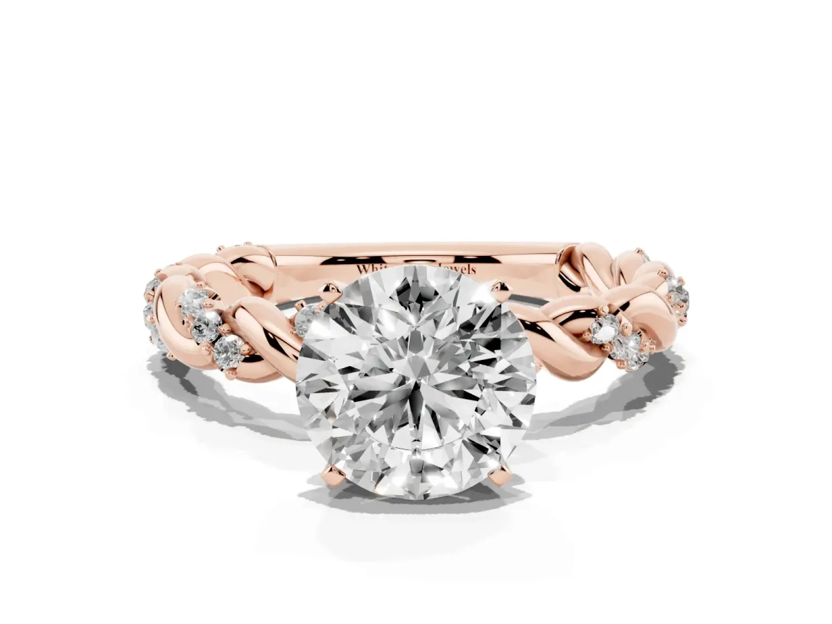 Round Cut Diamond Solitaire Ring with Twisted Band and Pavé Accents Rose gold
