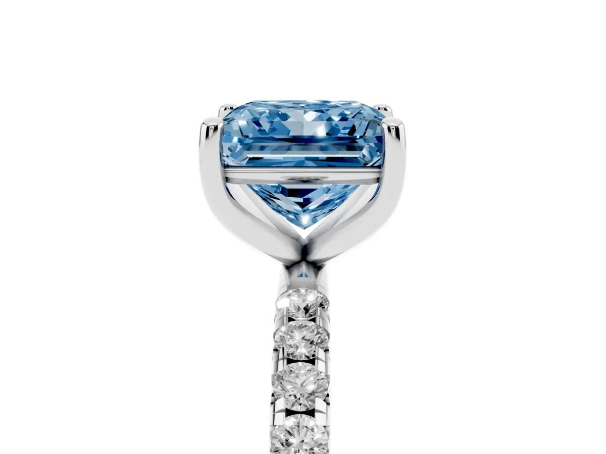 Fancy Blue Princess Cut Cut Diamond Solitaire Ring with Micro Pave Band and Four Prong Setting Silver