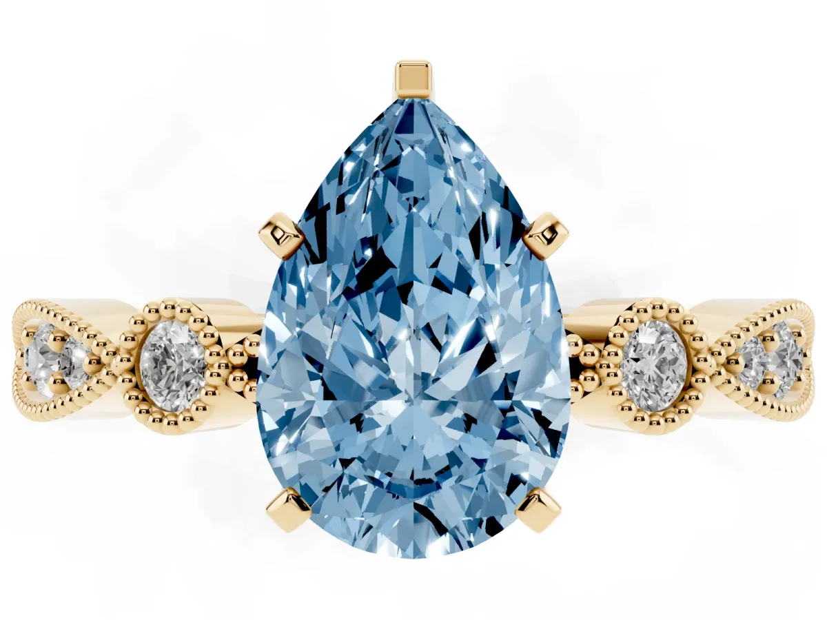 Fancy Blue Pear Cut Milgrain Bezel Diamond Engagement Ring with Solitaire Prong Setting Yellow gold