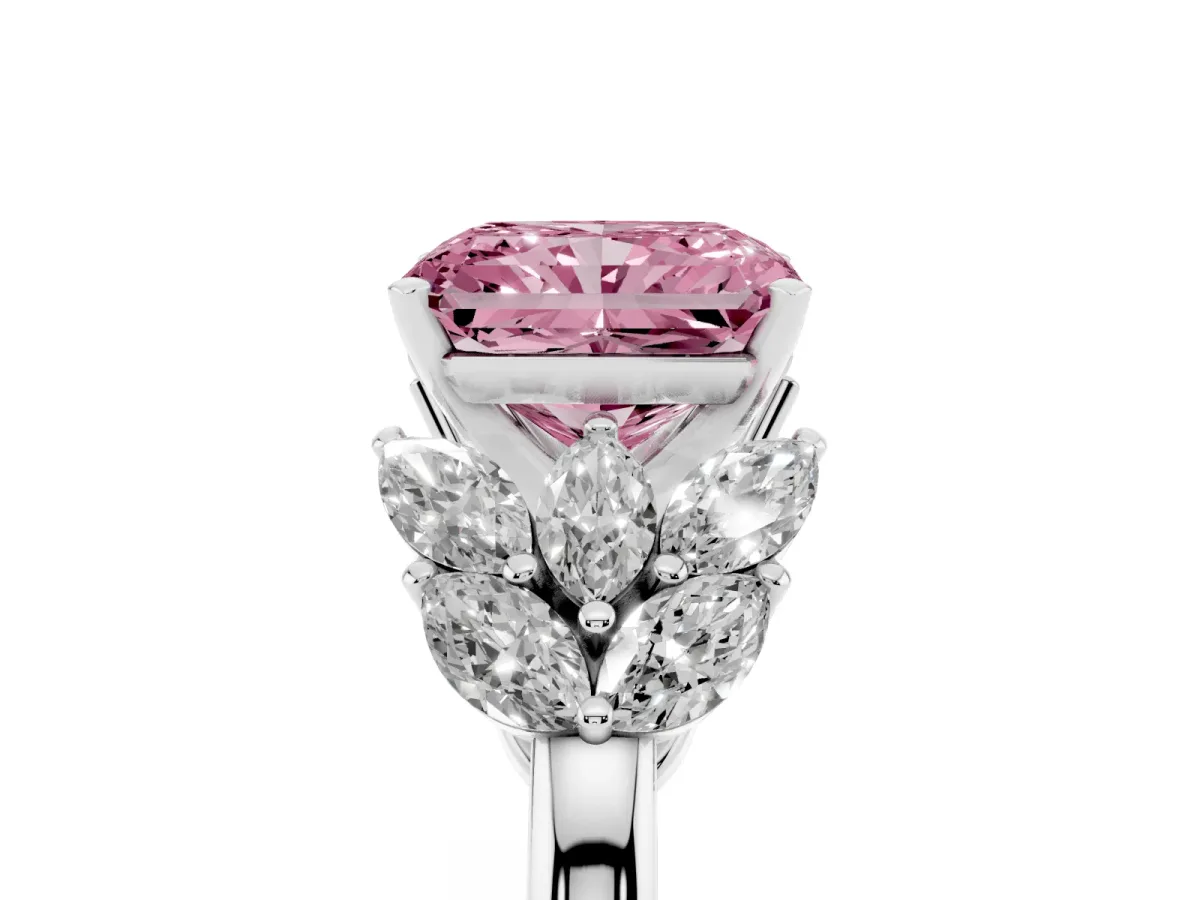 Fancy Pink Radiant Cut Diamond Cluster Leaf Design Ring with Prong Setting White gold