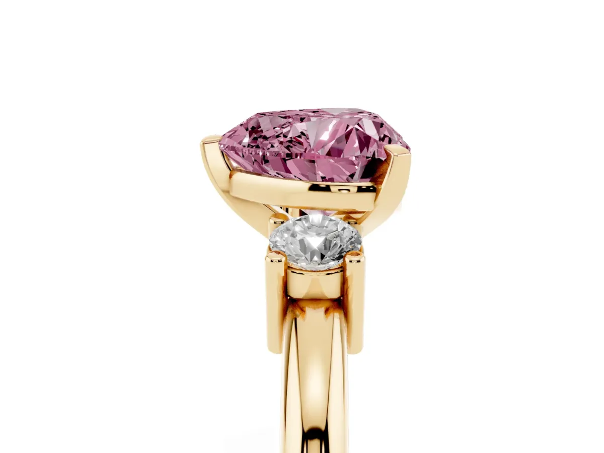Fancy Pink Three-Stone Heart Cut Cut Diamond Solitaire with Prong Setting and Classic Band Yellow gold