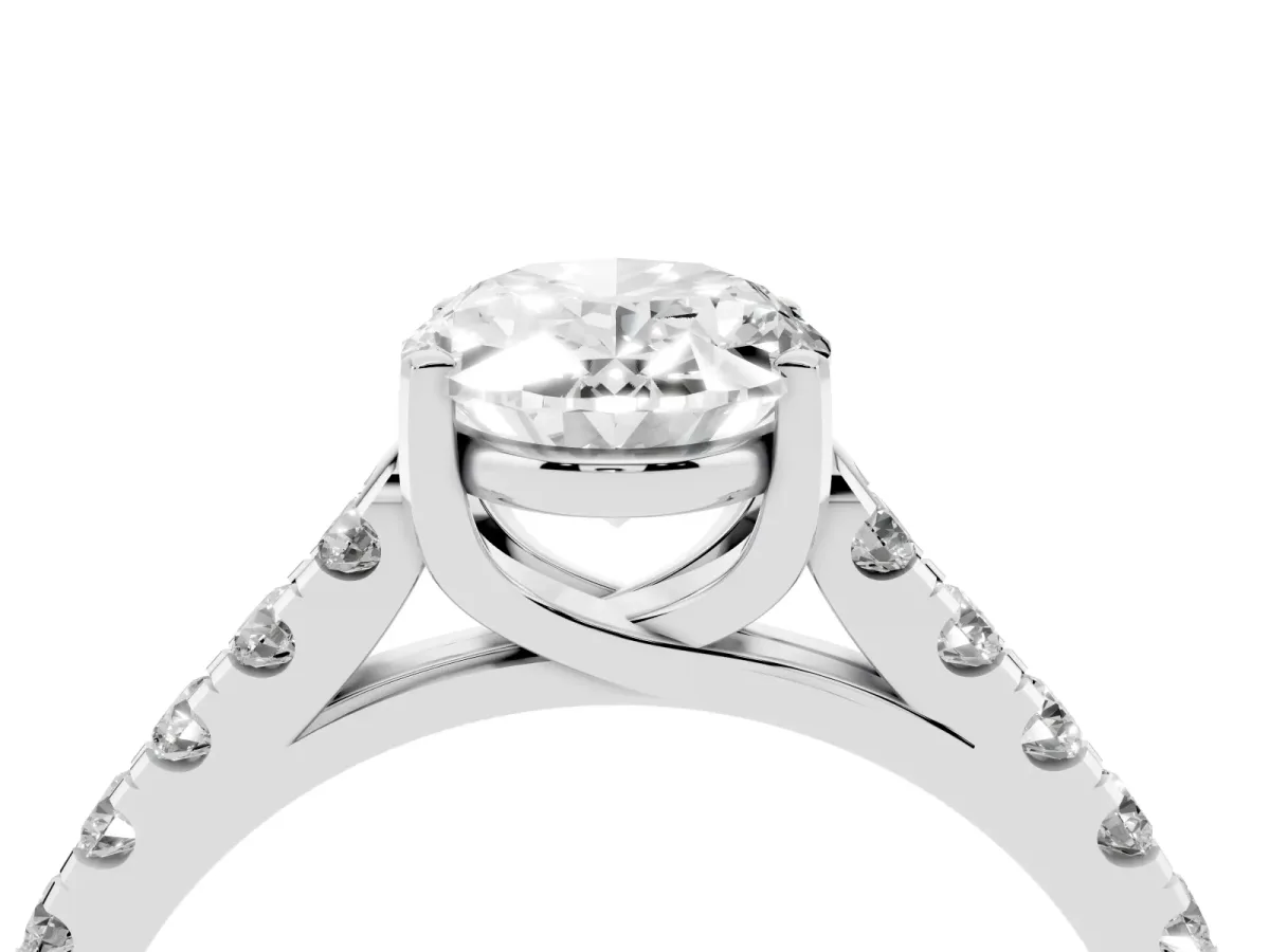 Oval Cut Diamond Pavé Band Solitaire Ring with Prong Setting Silver