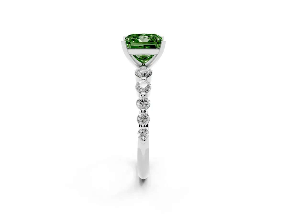 Fancy Green Princess Cut Solitaire Diamond Ring with Pave Band and Four-Prong Setting Silver