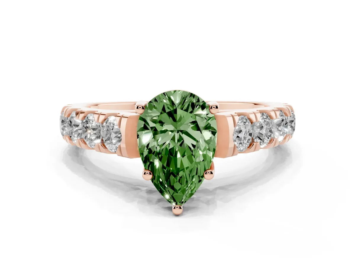 Fancy Green Pear Cut Cut Diamond Solitaire Ring with Micro Pave Band and Prong Setting Rose gold