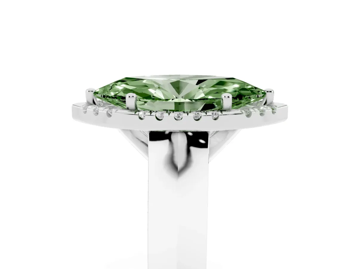 Fancy Green Marquise Cut Halo Diamond Ring with Cathedral Band and Four-Prong Setting Platinum