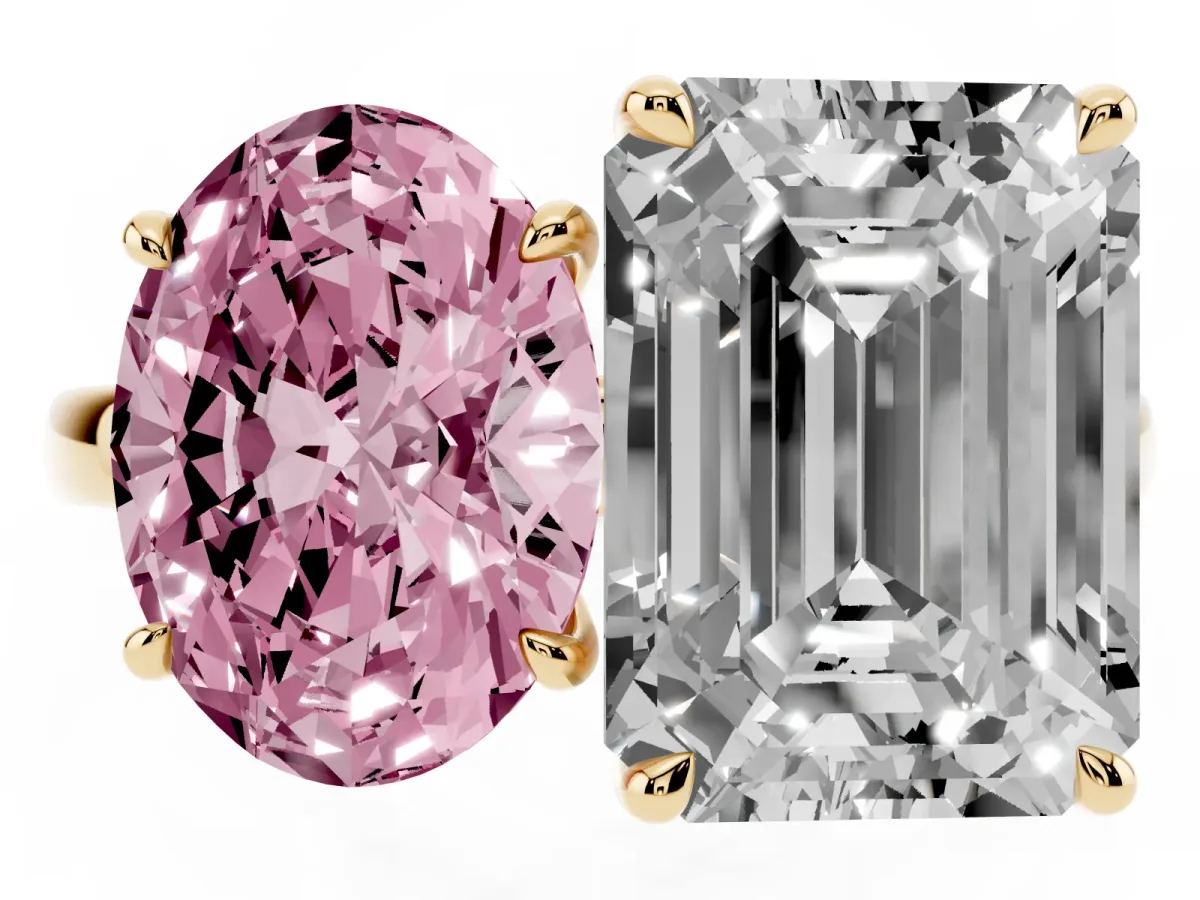 Fancy Pink Oval Cut and Emerald Cut Toi Moi Ring with Prong Setting Yellow gold