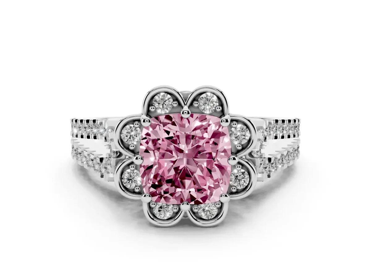 Fancy Pink Cushion Cut Halo Diamond Floral Split Shank Engagement Ring Silver
