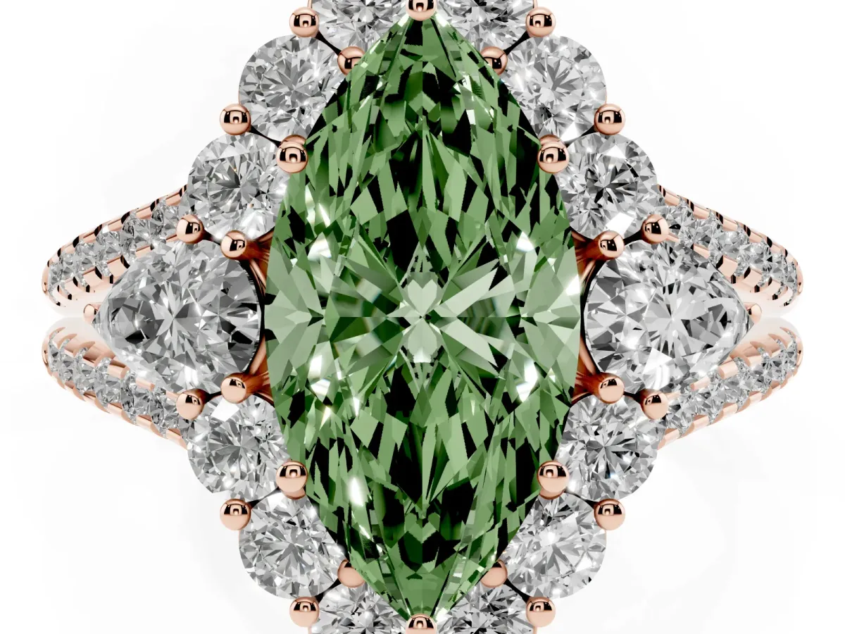 Fancy Green Marquise Cut Halo Split Shank Diamond Engagement Ring with Prong Setting Rose gold