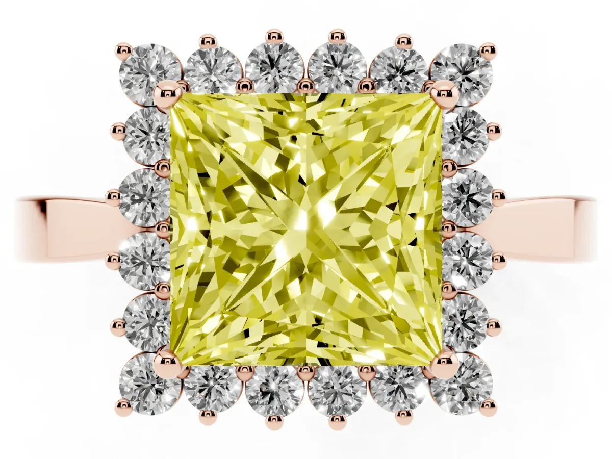 Fancy Yellow Princess Cut Cut Diamond Halo Ring with Round Brilliant Halo and Solitaire Band Rose gold