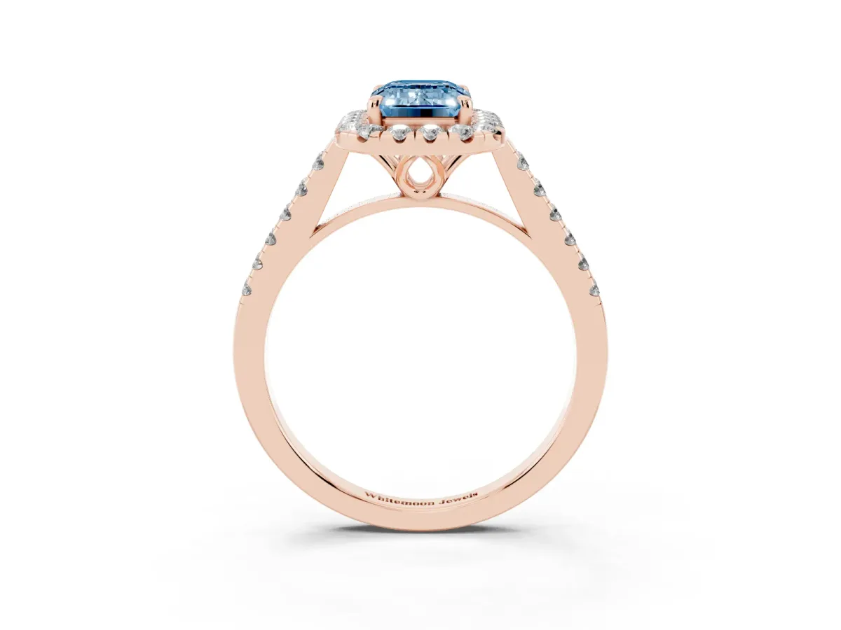 Fancy Blue Emerald Cut Halo Pavé Diamond Engagement Ring with Four-Prong Setting Rose gold
