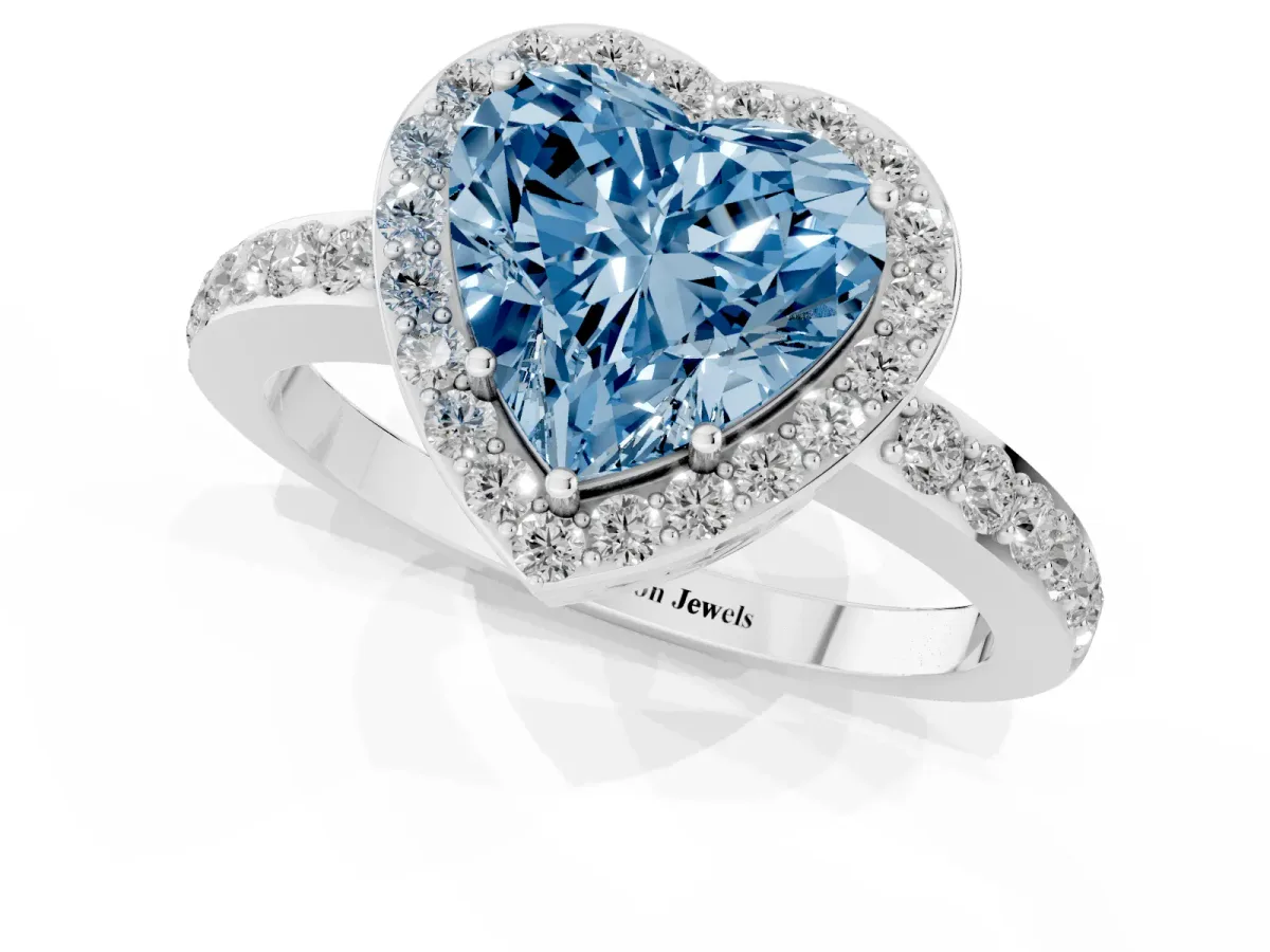 Fancy Blue Heart Cut Halo Diamond Pavé Band Ring with Prong Setting Silver