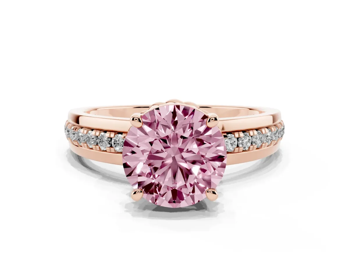 Fancy Pink Round Cut Solitaire Diamond Ring with Channel Set Band and Six-Prong Setting Rose gold