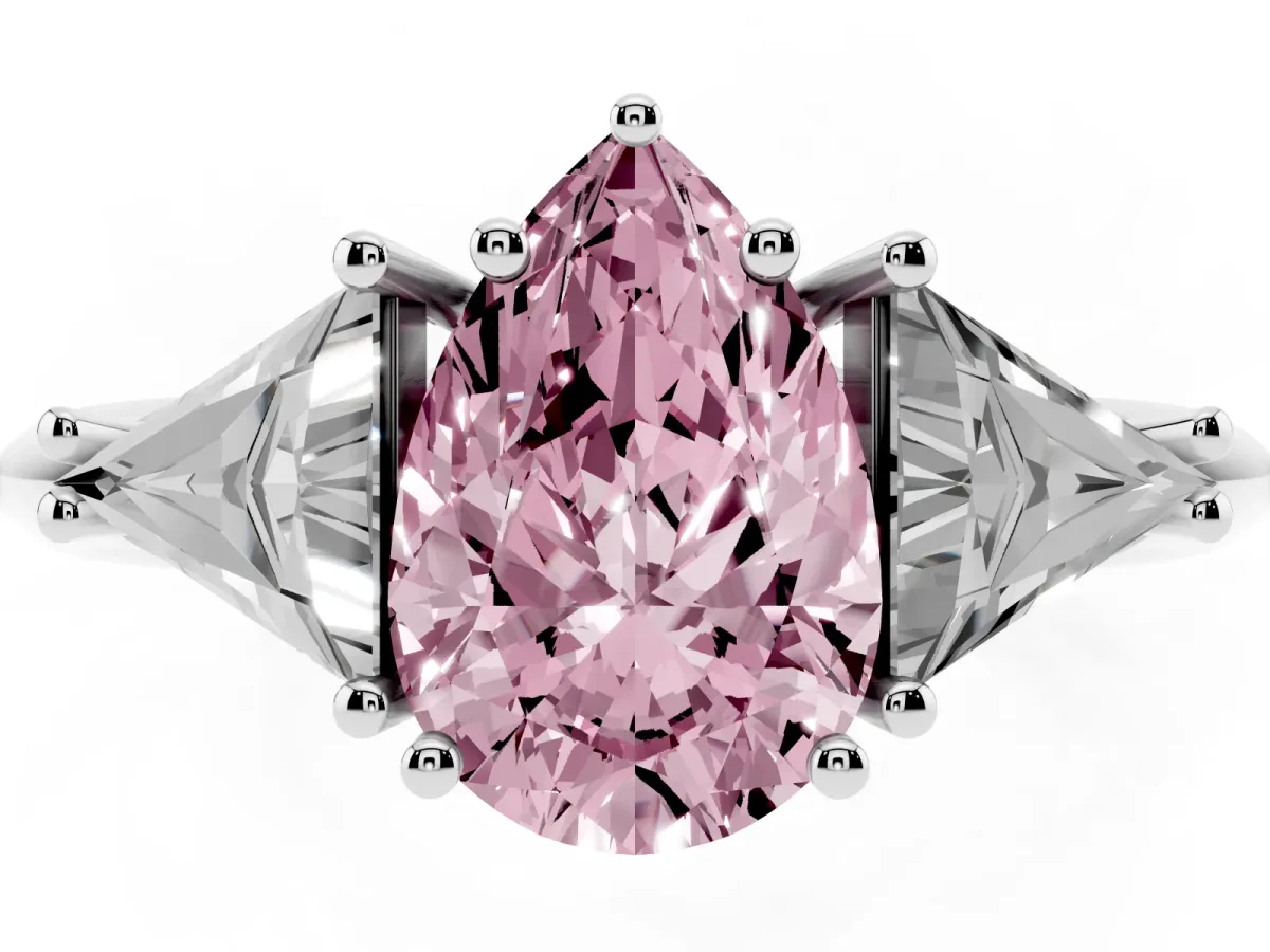 Fancy Pink Three-Stone Pear Cut Diamond Engagement Ring with Trillion Side Stones and Prong Setting Silver