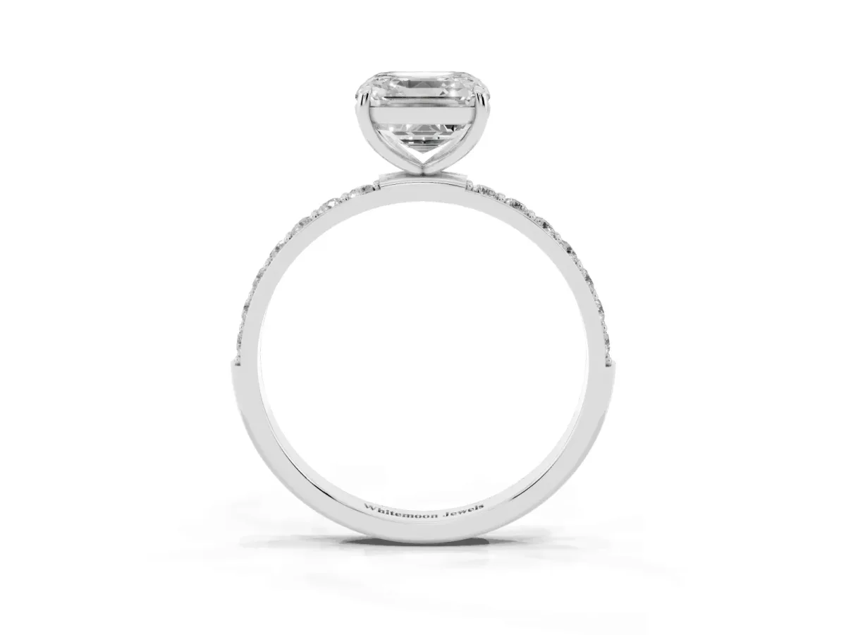 Asscher Cut Diamond Solitaire Ring with Round Pavé Shoulders and Prong Setting Platinum