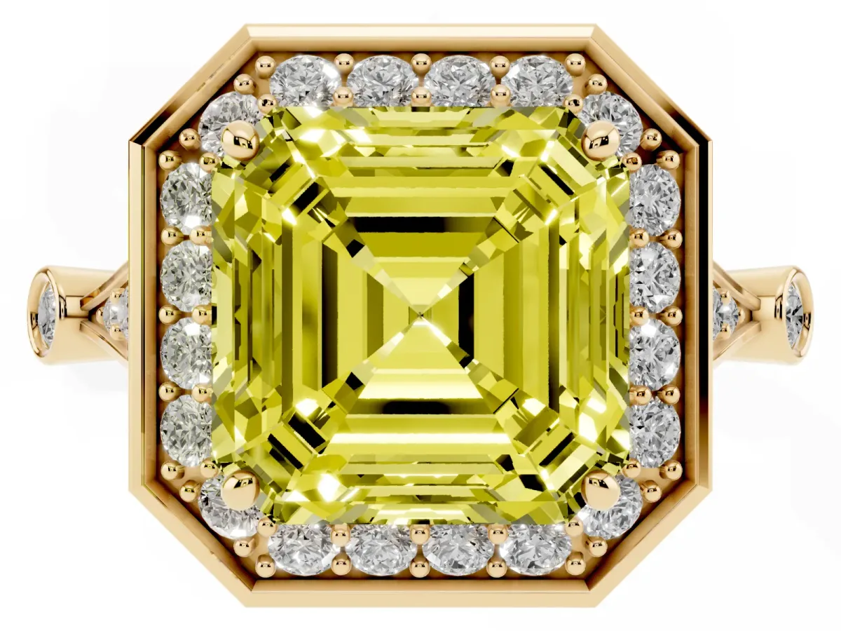 Fancy Yellow Asscher Cut Halo Diamond Engagement Ring with Twisted Band and Four-Prong Setting Yellow gold