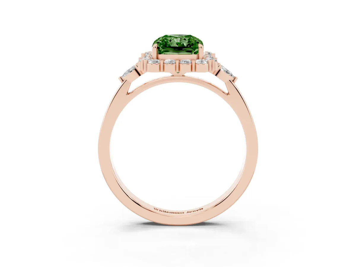 Fancy Green Radiant Cut Diamond Halo Ring with Pear Side Stones and Prong Setting Rose gold