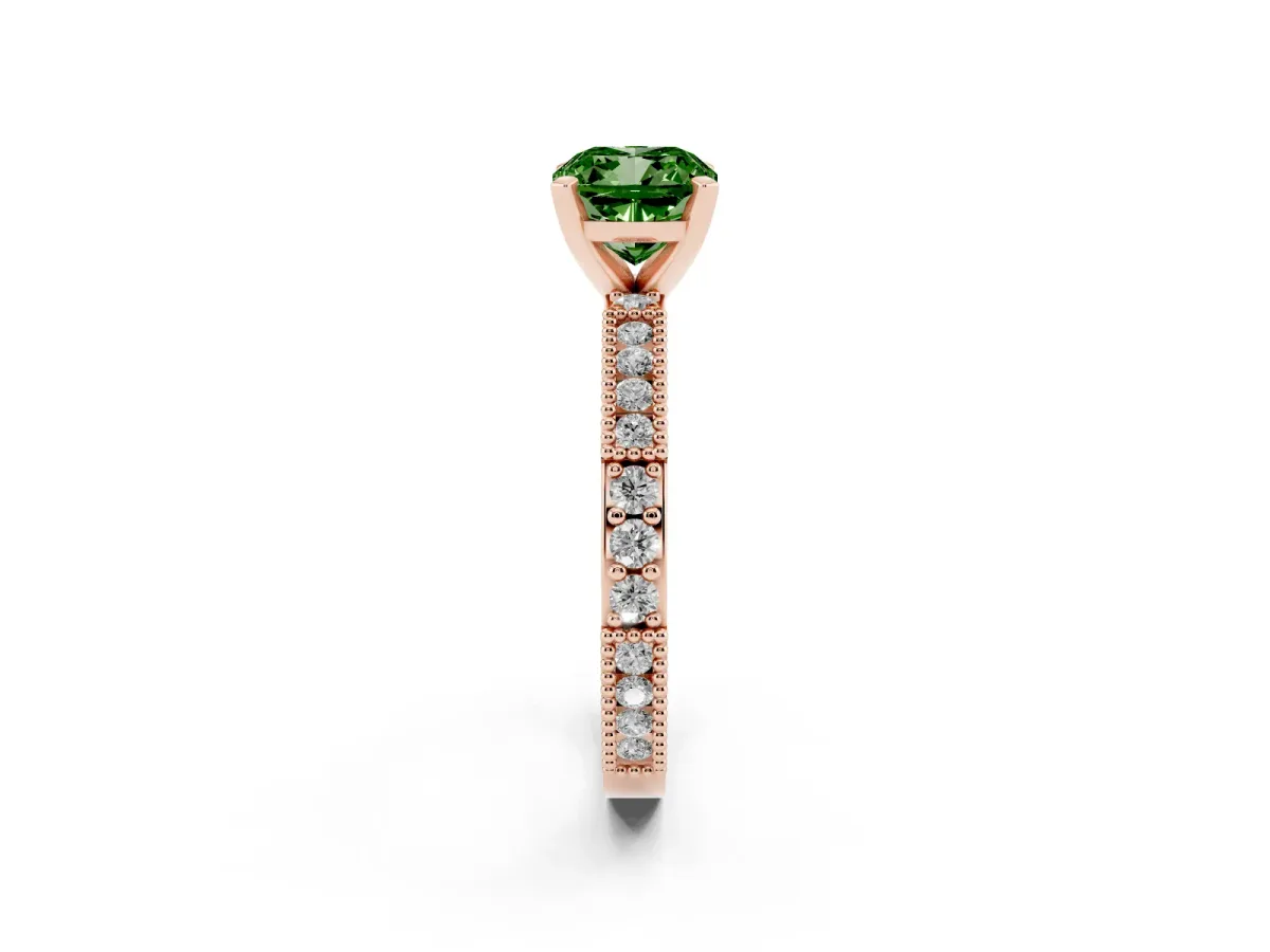 Fancy Green Cushion Cut Solitaire with Pavé Band and Four-Prong Setting Rose gold