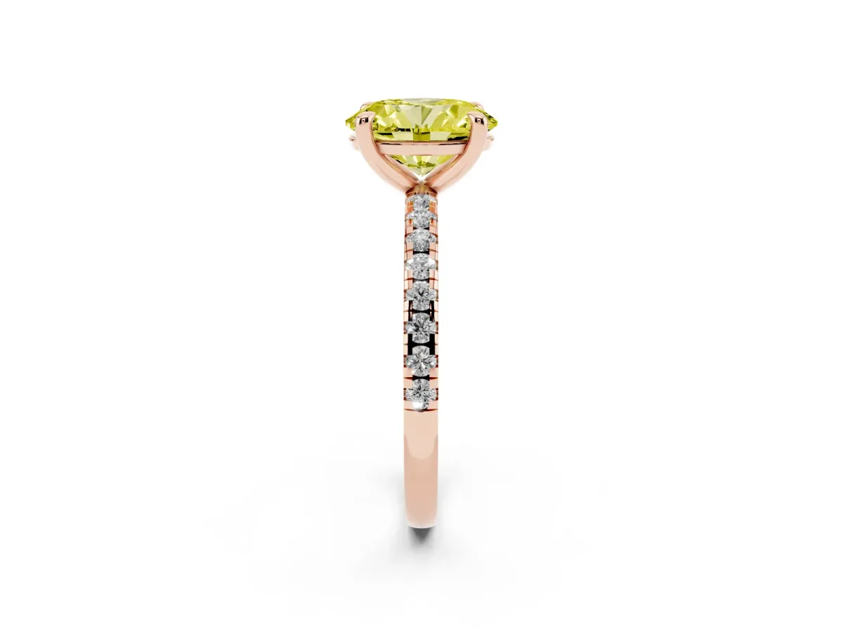Fancy Yellow Oval Cut Diamond Brilliant Solitaire Ring with Pavé Band and Four-Prong Setting Rose gold