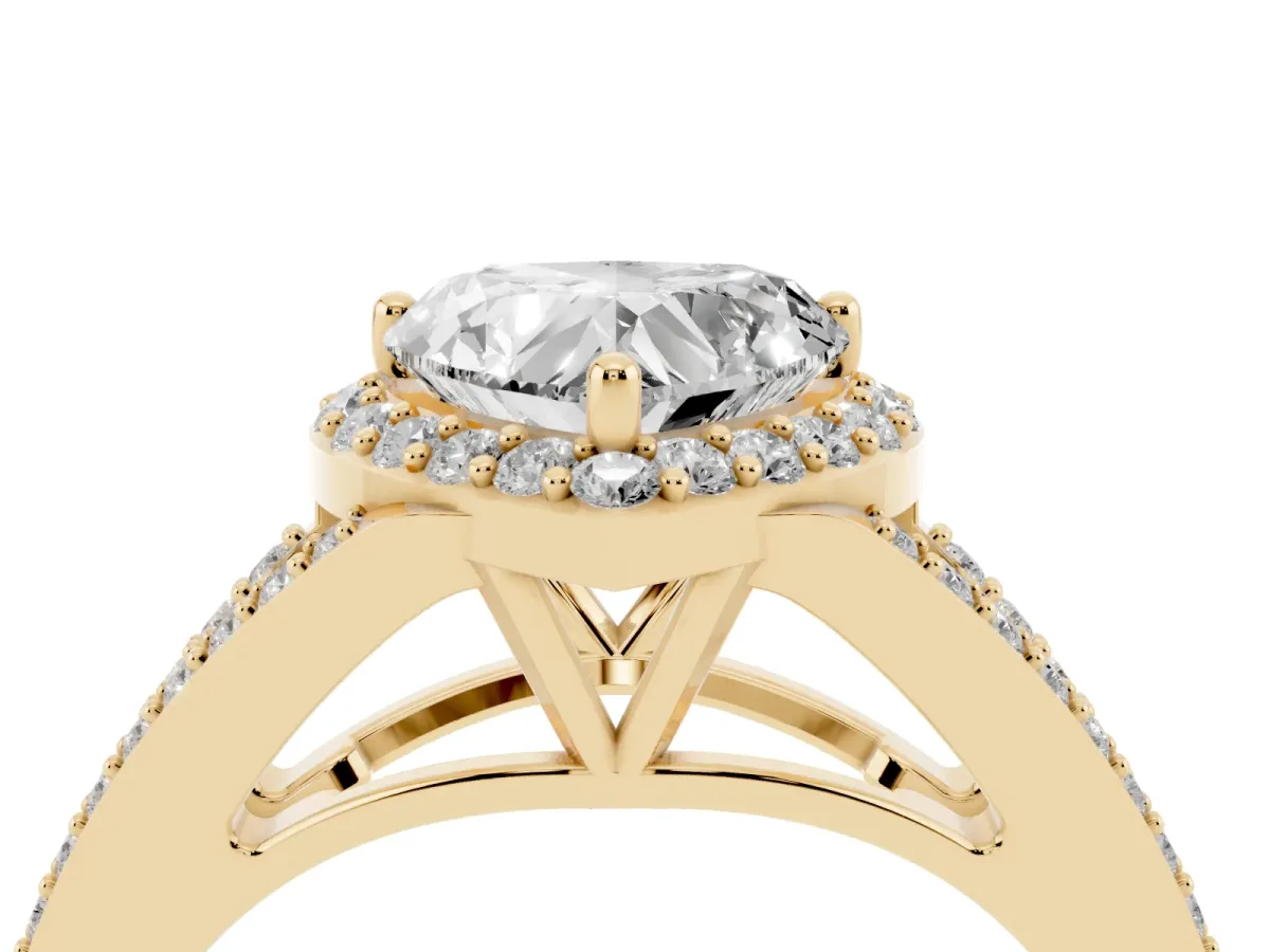 Heart Cut Halo Split Shank Pave Diamond Ring with Four-Prong Setting Yellow gold